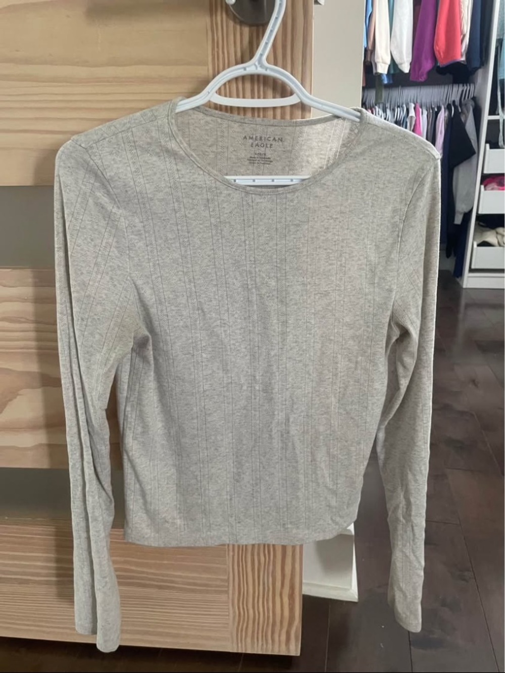 American Eagle Outfitters Women's Long Sleeve Ribbed Crew Neck Top - Gray